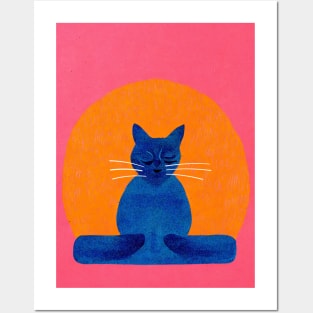 Yoga Cat Blue Pink Retro Poster Vintage Art Yoga Wall Blue Pink Illustration Posters and Art